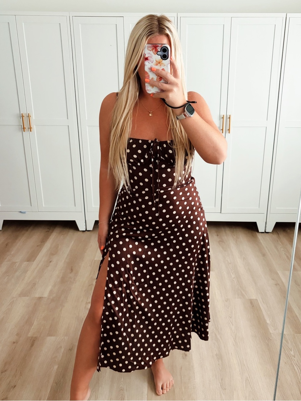 Brown Polka Dot Midi Dress with Side Slit